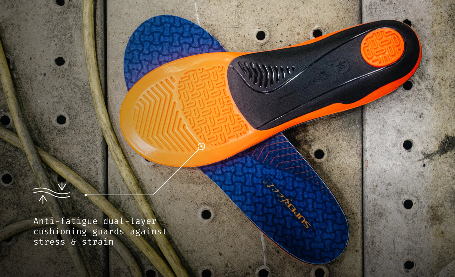 A pair Superfeet Work Cushion insole against a a cement background. Text reads "Anti-fatigue dual-layer cushioning guards against stress & strain". 