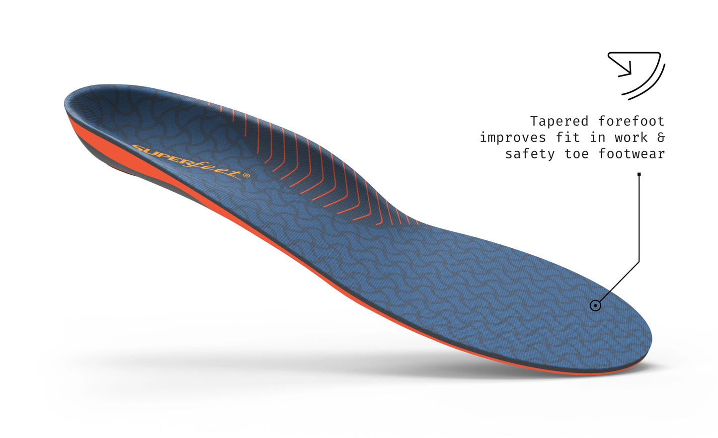 Superfeet Work Cushion Insole against a white background. Text reads "Tapered forefoot improves fit in work & safety toe footwear".
