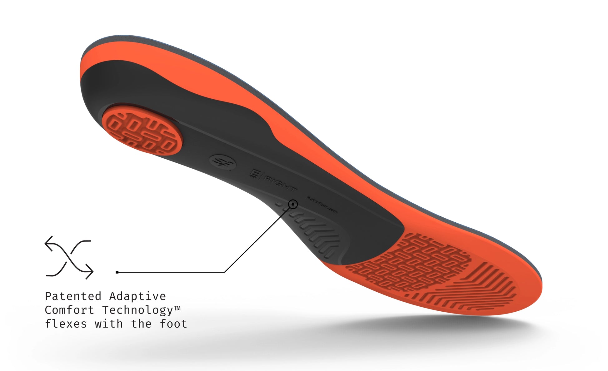 Superfeet Work Cushion Insole against a white background. Text reads "Patented Adaptive Comfort Technology (Trademarked) flexes with the foot". 